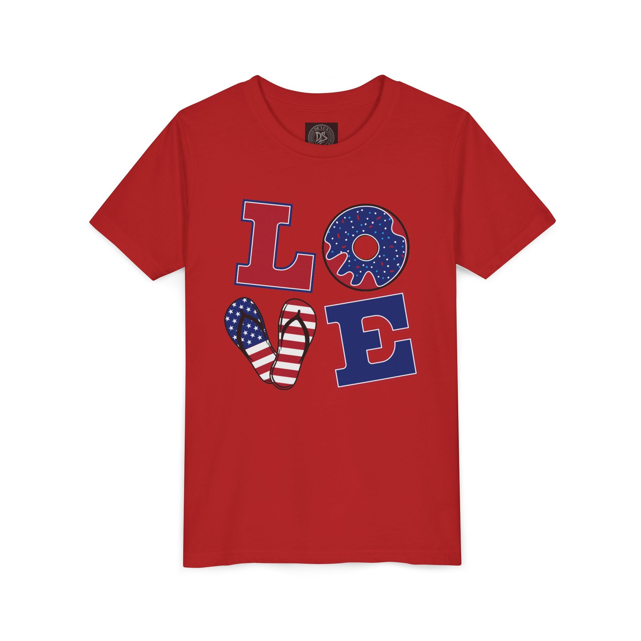 Youth Tee - "LOVE" Patriotic American Flag Design (Fourth of July Kids Shirt)