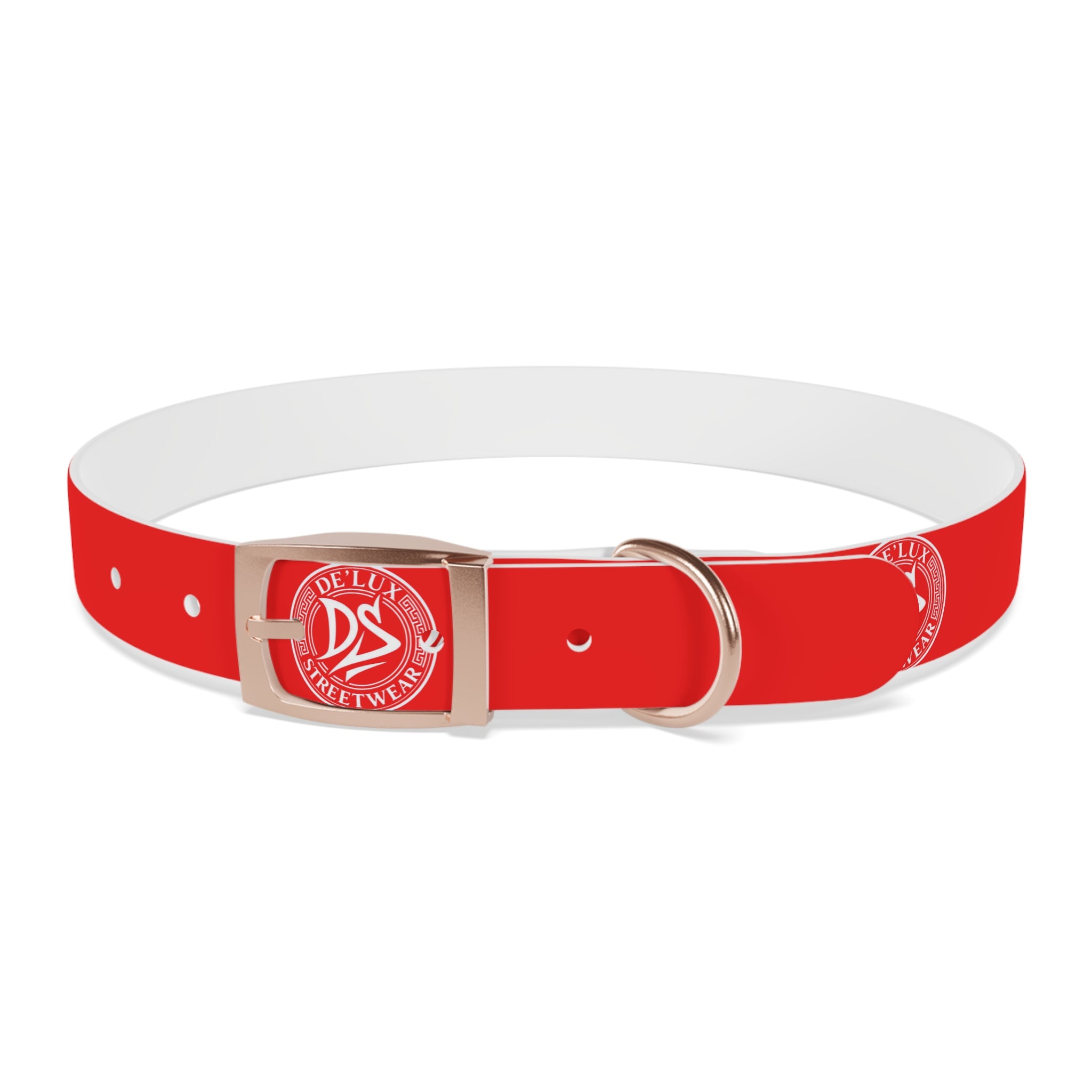 Red Logo Dog Collar — Durable Adjustable Pet Collar with White DS Emblem