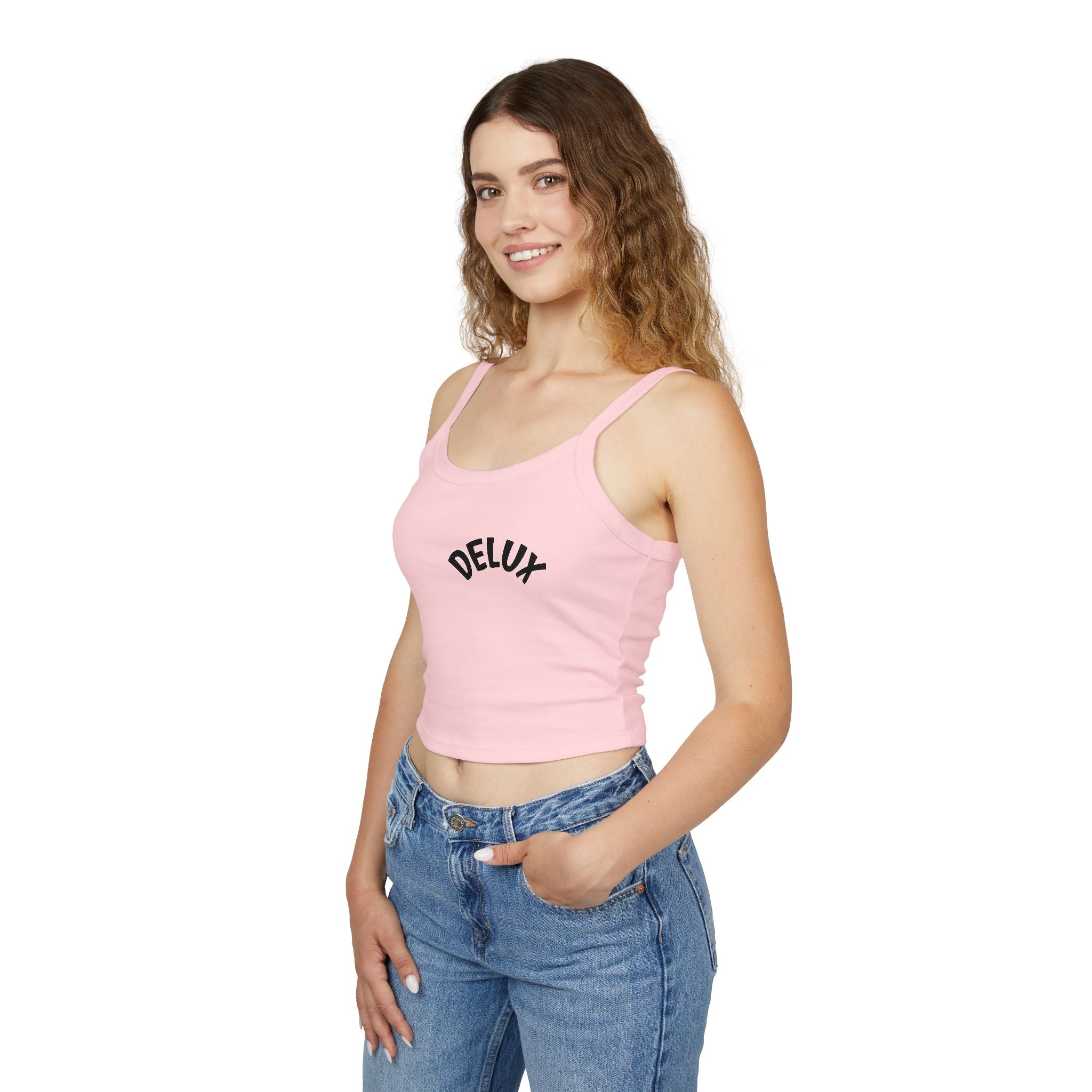 Delux Script Crop Tank Top — Women's White Spaghetti Strap Graphic