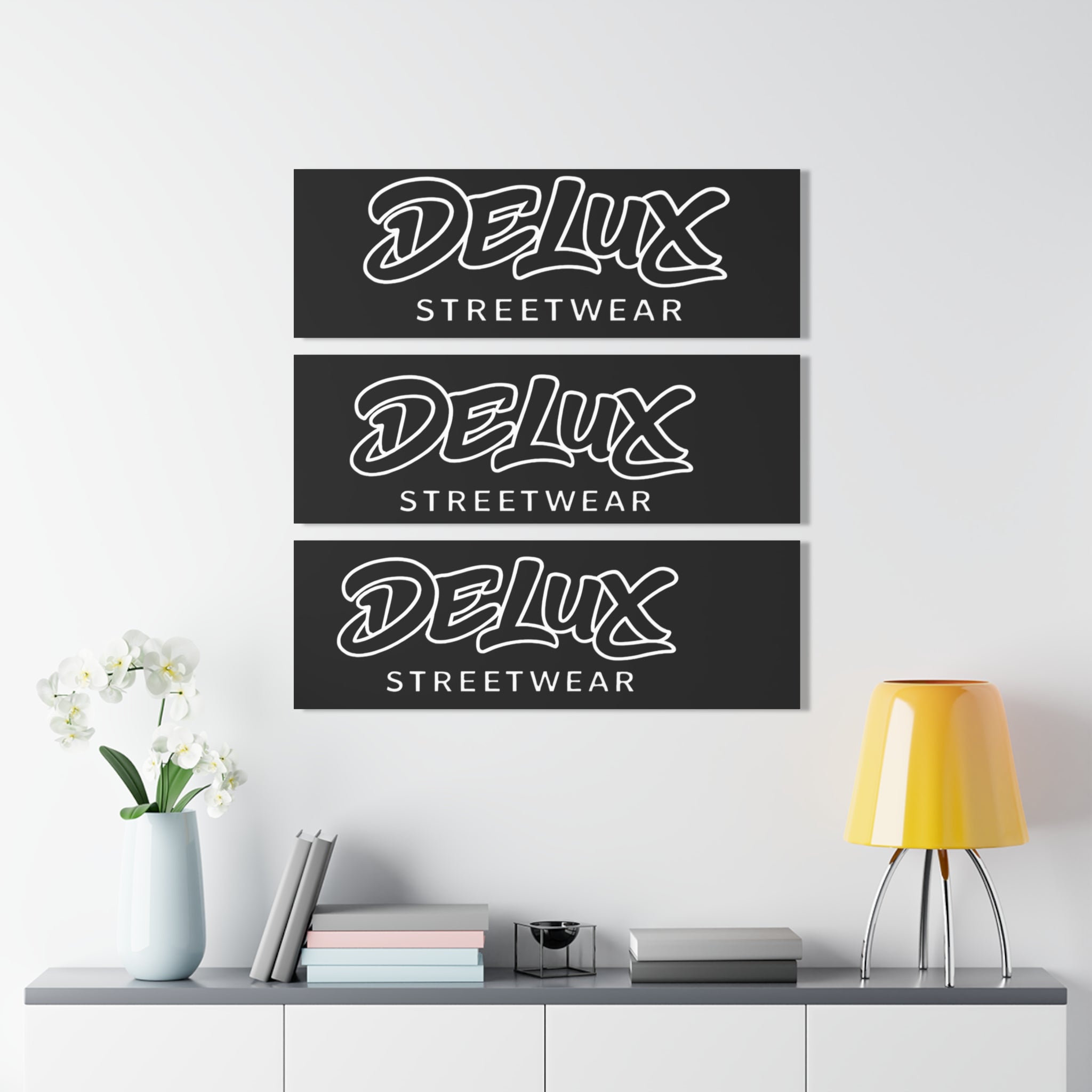 Delux Streetwear Triptych Acrylic Wall Art — Modern Black Logo Panels