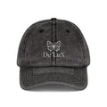Embroidered Butterfly Vintage Cap — Red Distressed Dad Hat with "DeLuX" Text