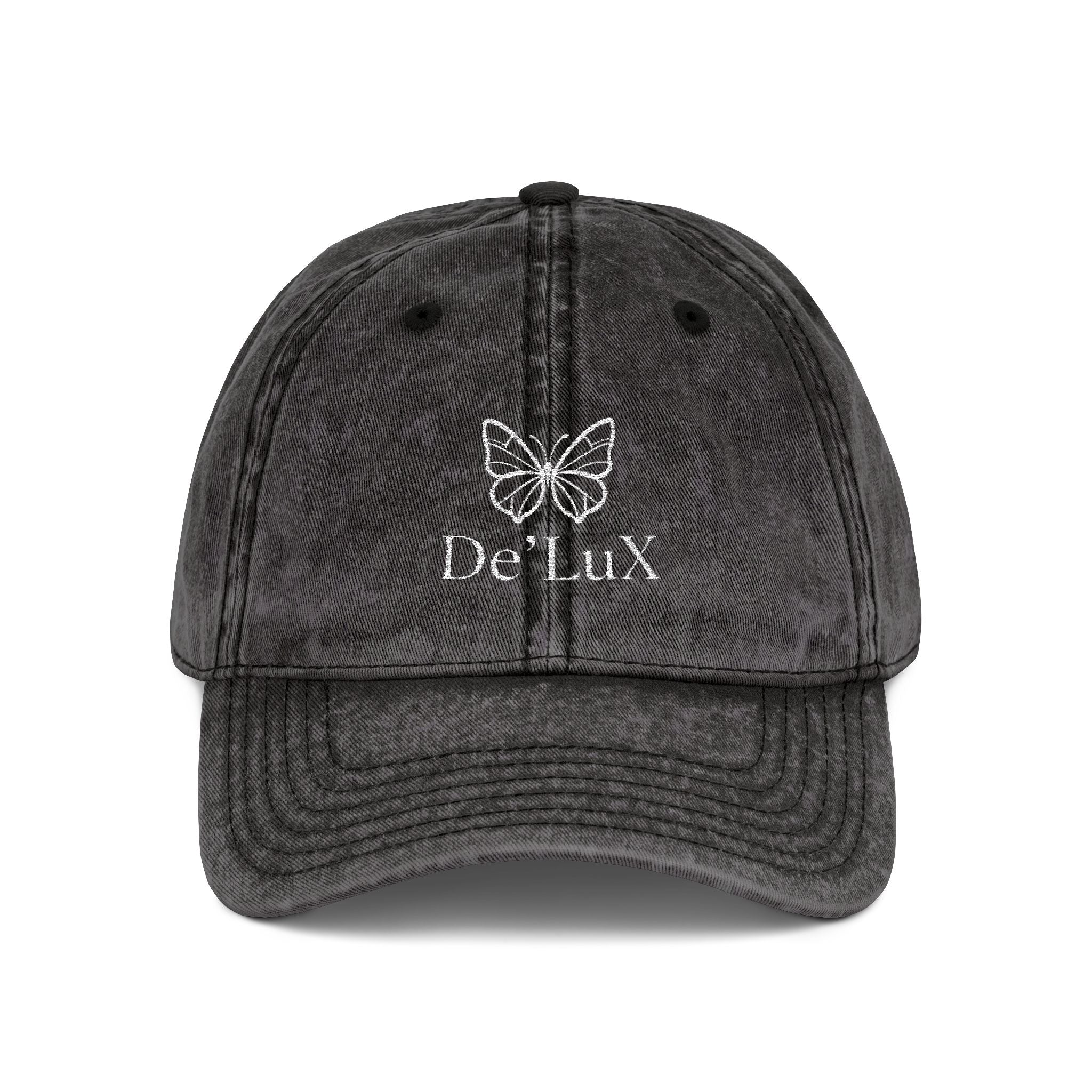 Embroidered Butterfly Vintage Cap — Red Distressed Dad Hat with "DeLuX" Text