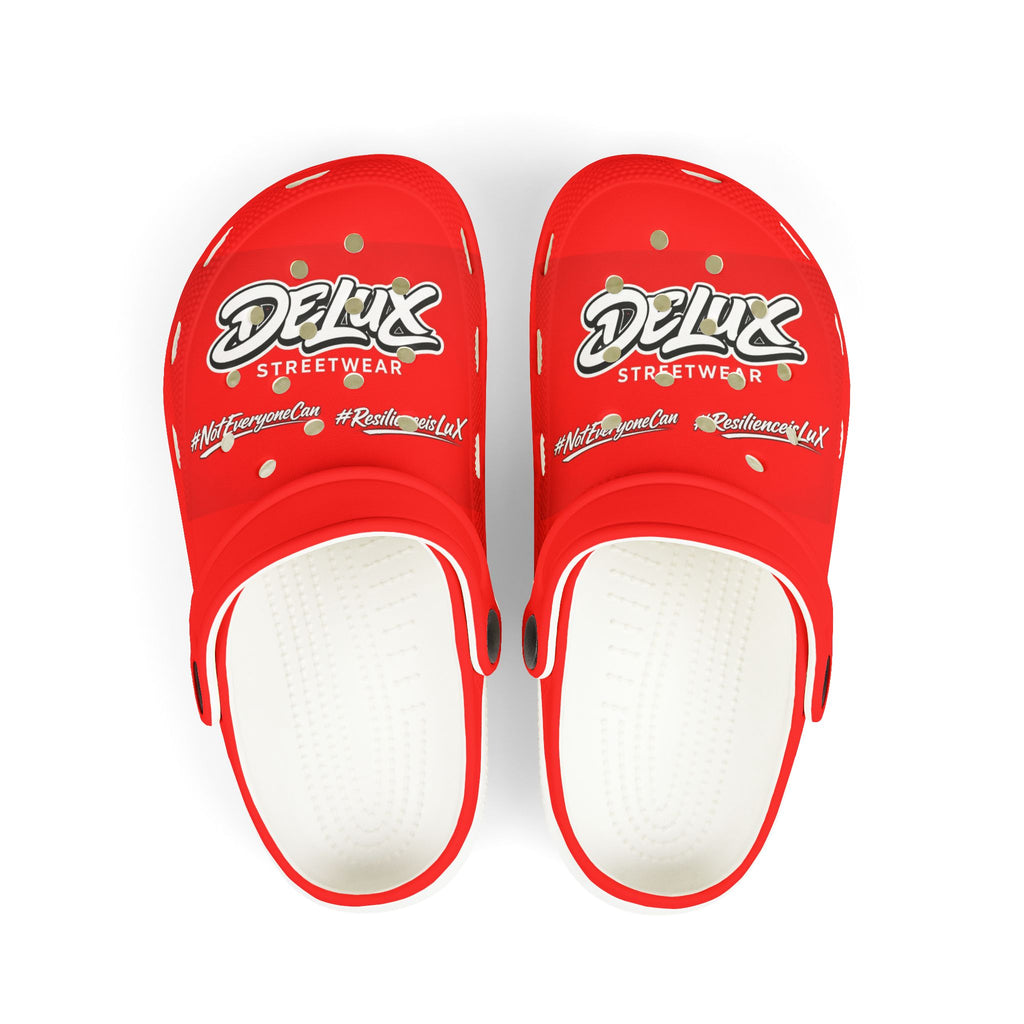 Kids Red Streetwear EVA Foam Clogs — 'Delux' Graphic Slip-On Sandals