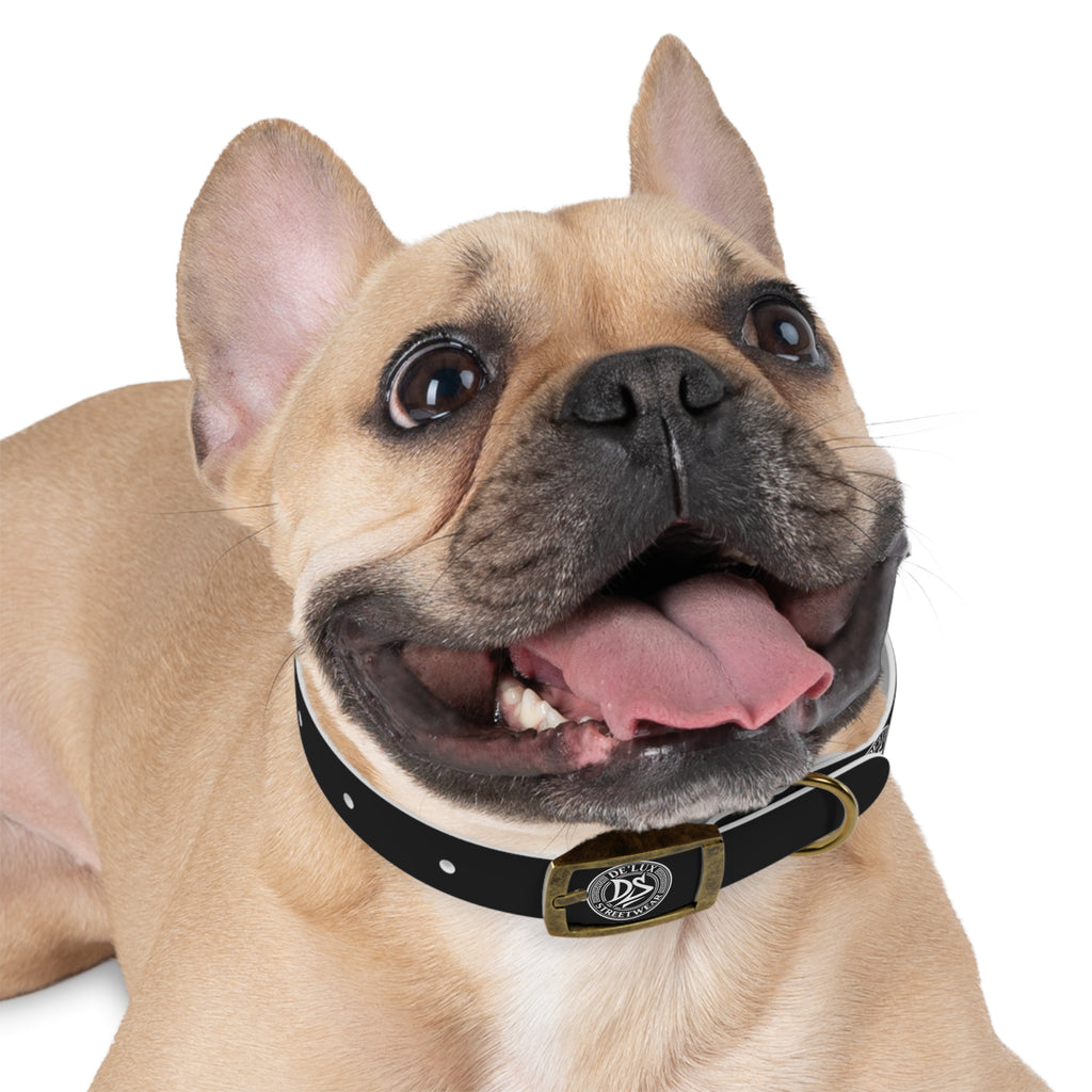 Black Logo Dog Collar — Durable Faux Leather Collar with Round Emblem