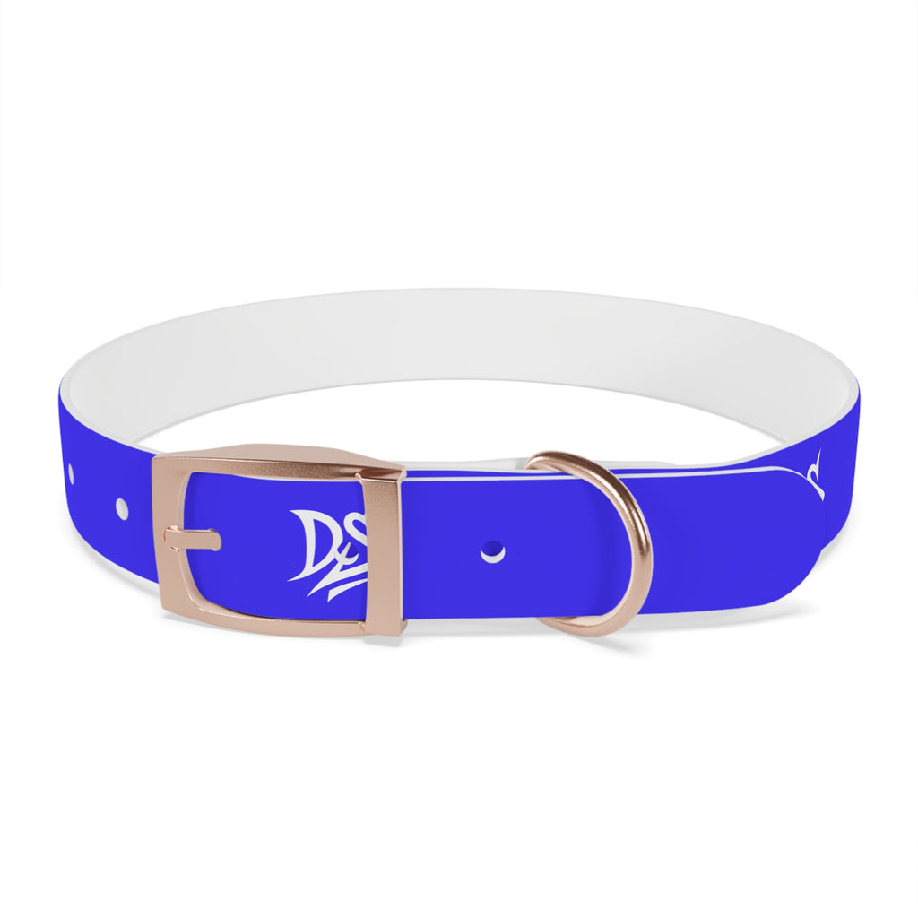 Blue Branded Dog Collar — Adjustable Waterproof Pet Collar with White Logo