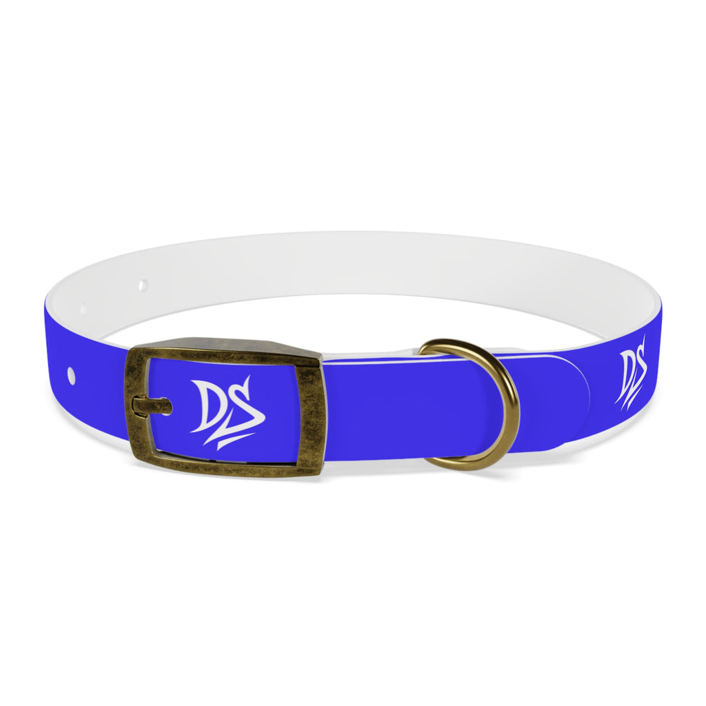 Blue Branded Dog Collar — Adjustable Waterproof Pet Collar with White Logo