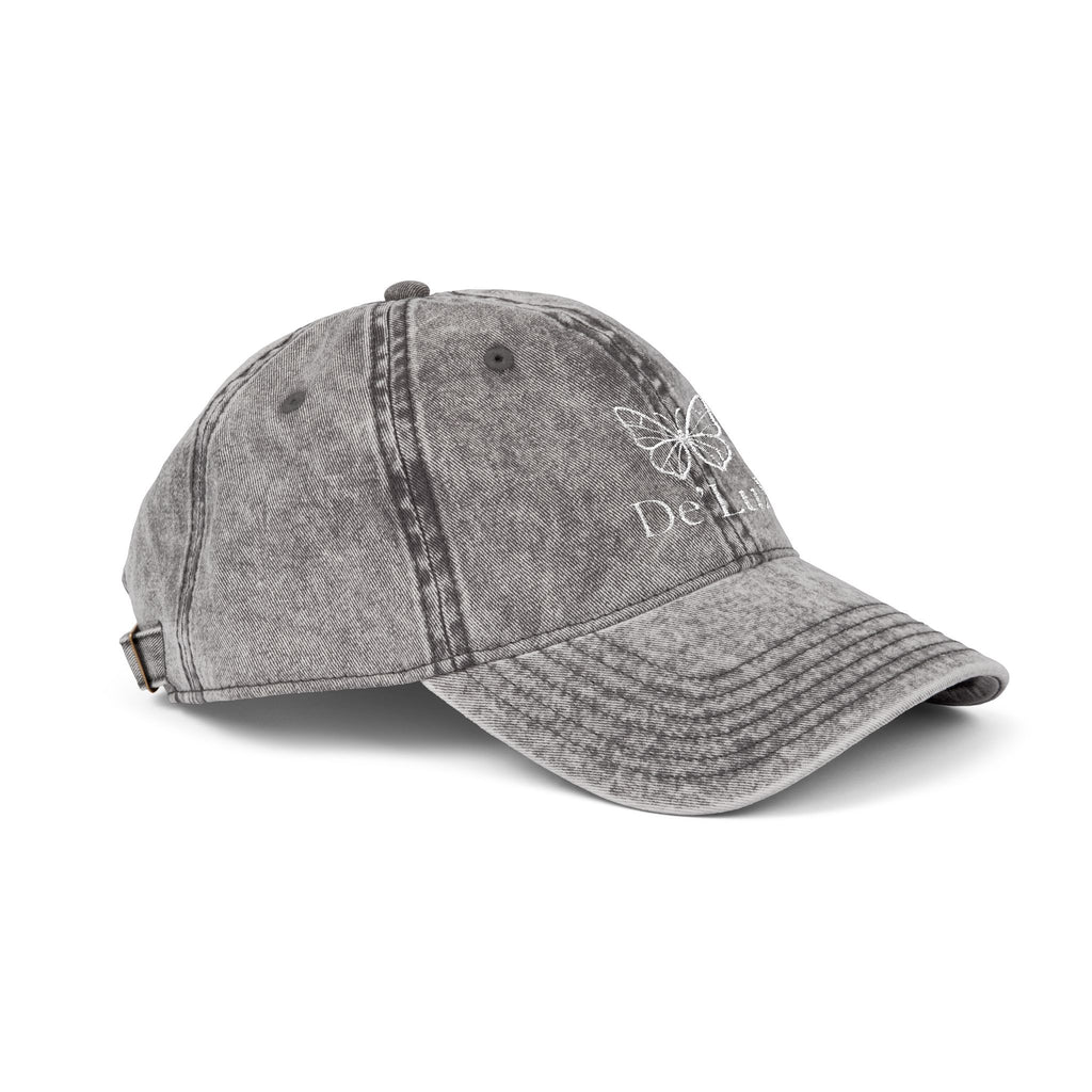 Embroidered Butterfly Vintage Cap — Red Distressed Dad Hat with "DeLuX" Text