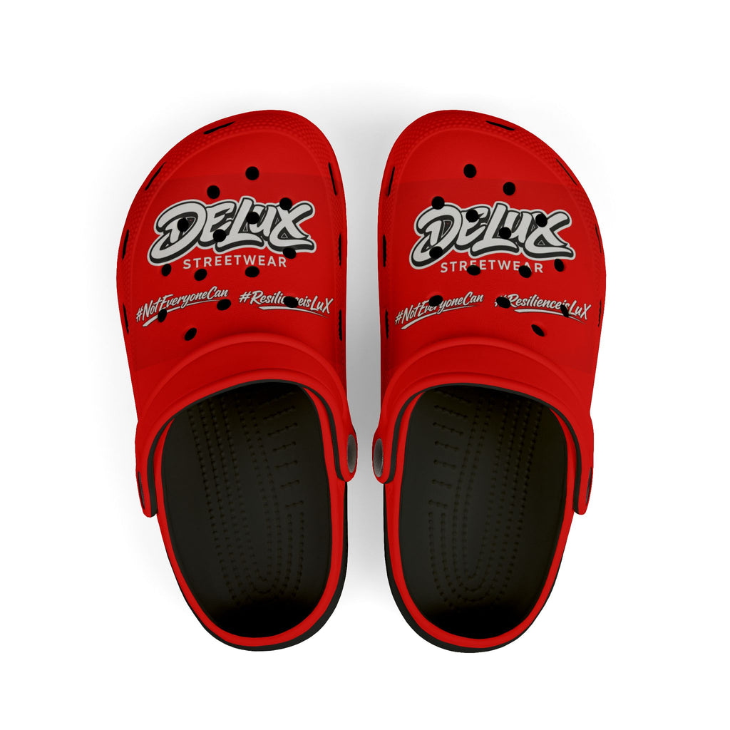Kids Red Streetwear EVA Foam Clogs — 'Delux' Graphic Slip-On Sandals