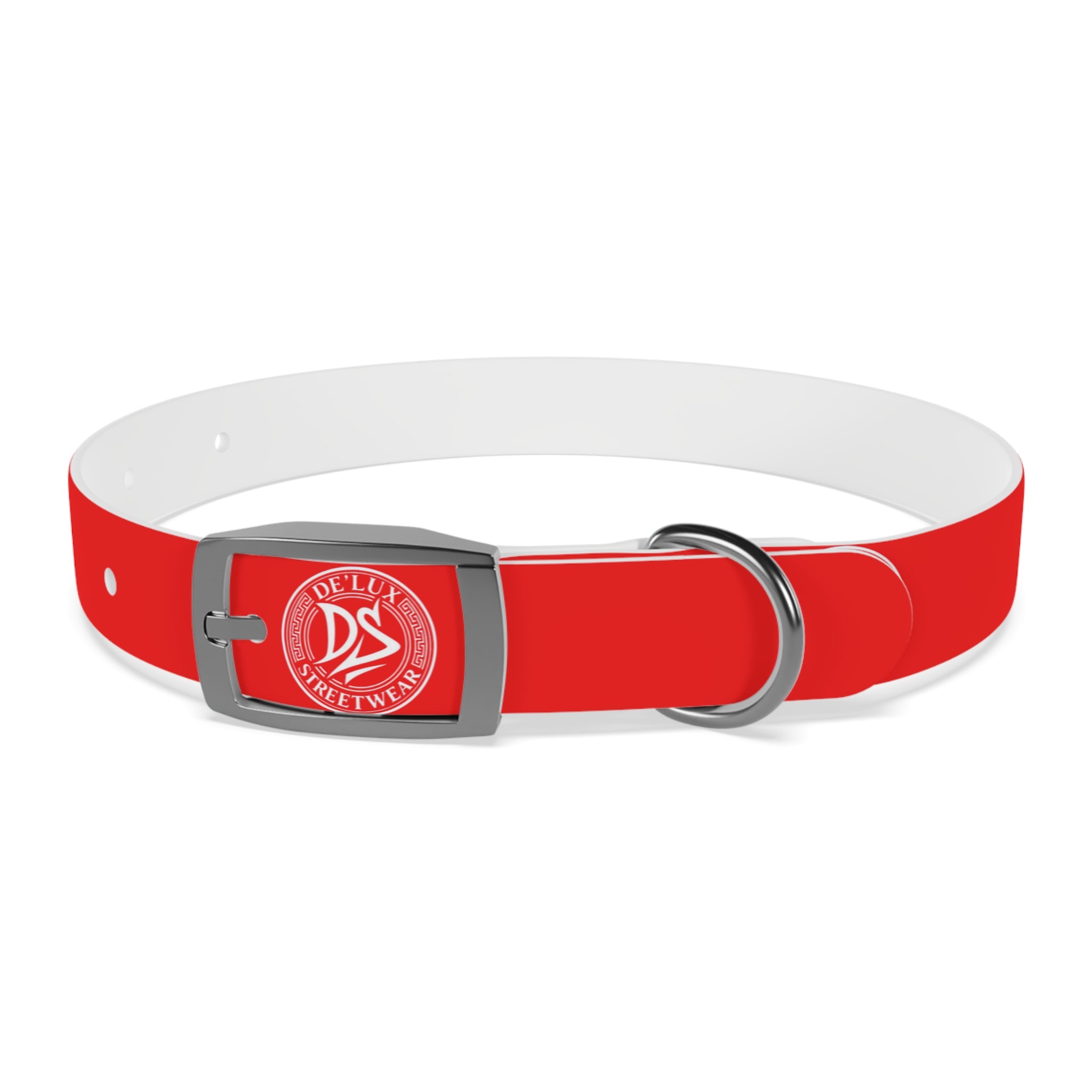 Red Logo Dog Collar — Durable Adjustable Pet Collar with White DS Emblem