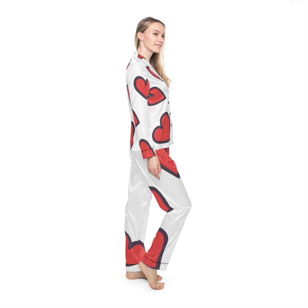 Heart Print Satin Pajamas — Women's Valentine Loungewear Set