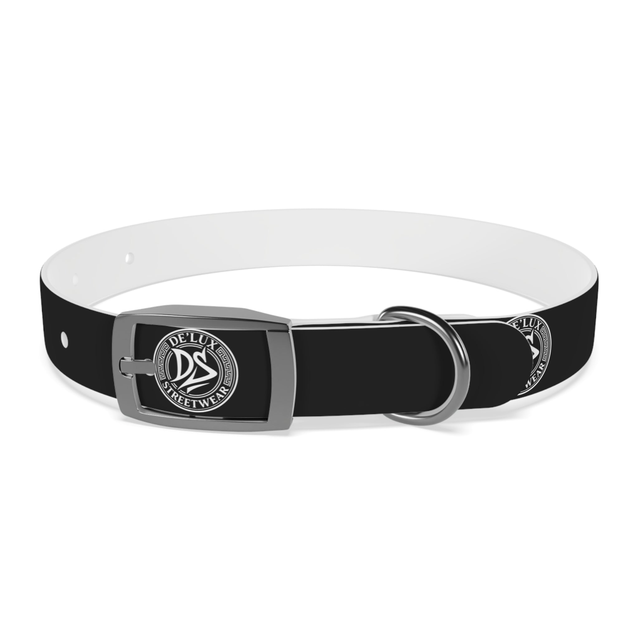 Black Logo Dog Collar — Durable Faux Leather Collar with Round Emblem
