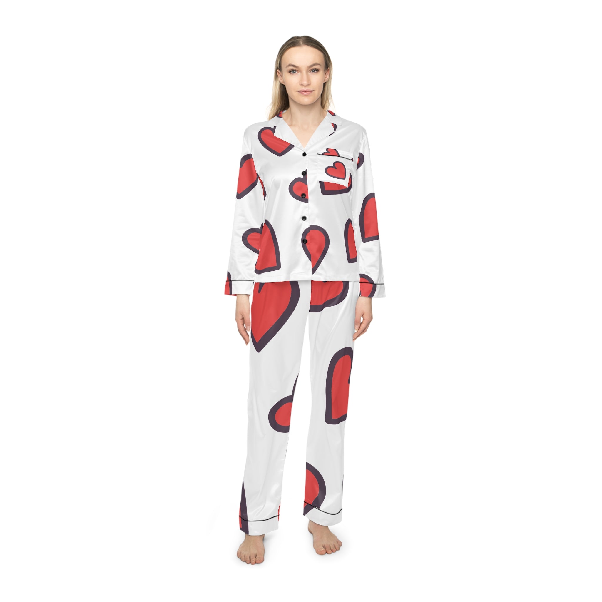 Heart Print Satin Pajamas — Women's Valentine Loungewear Set