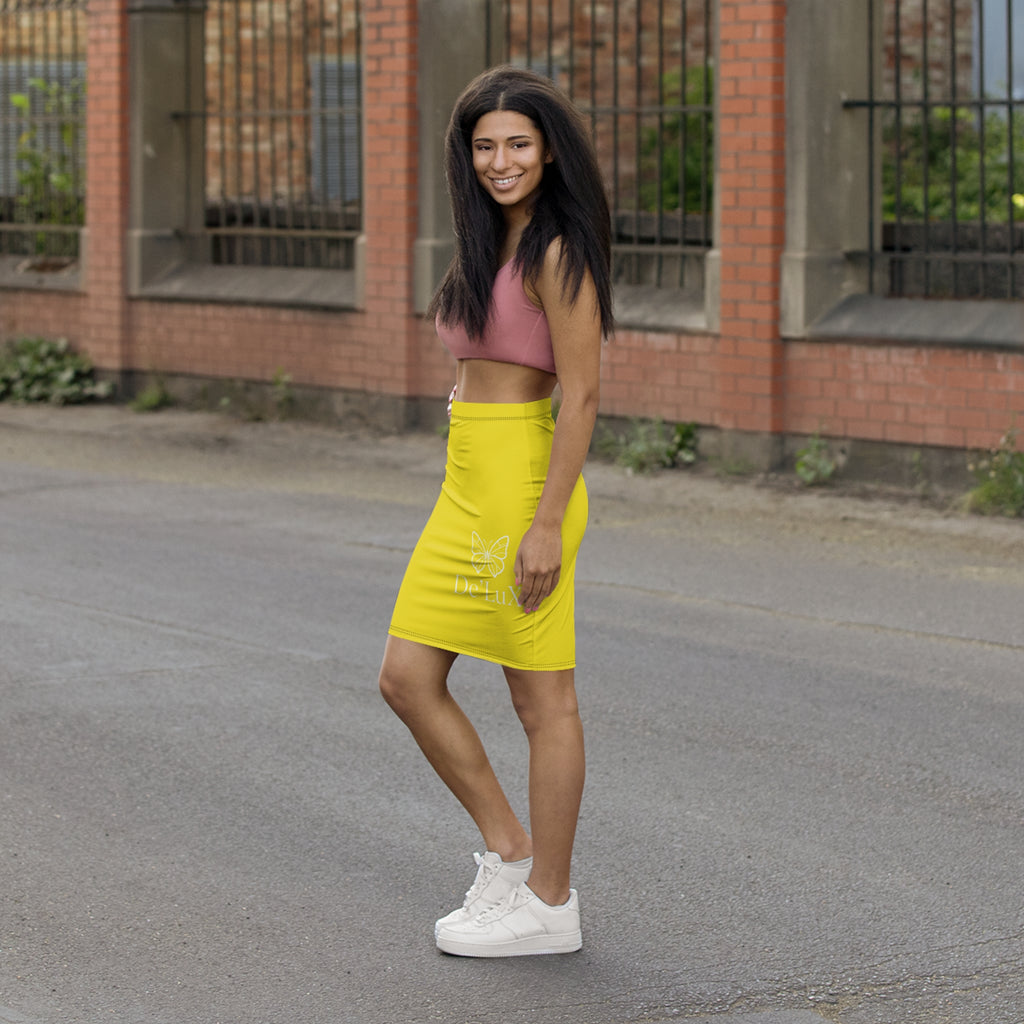 Yellow Butterfly Pencil Skirt — Women's Mid-Waist Floral Graphic Skirt