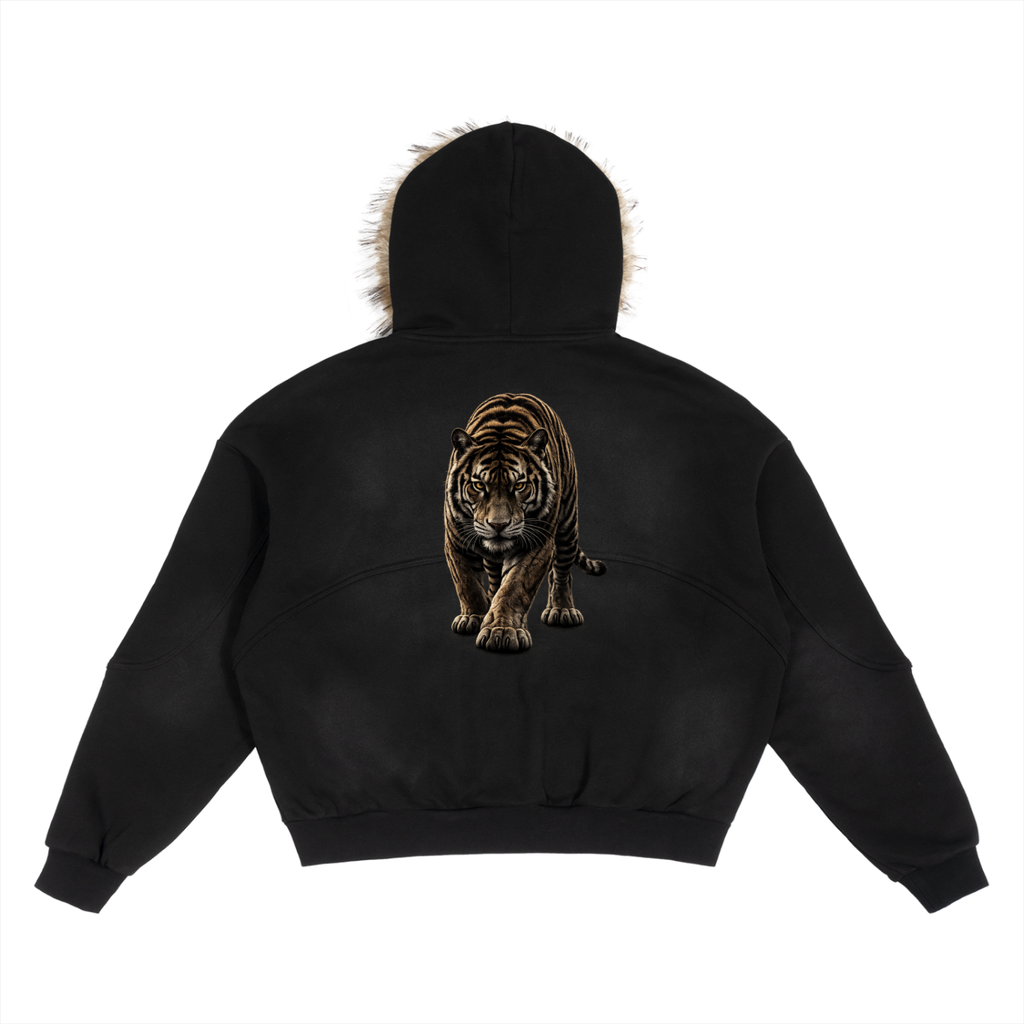 Tiger Sun Fade Boxy Detachable Fur Hoodie