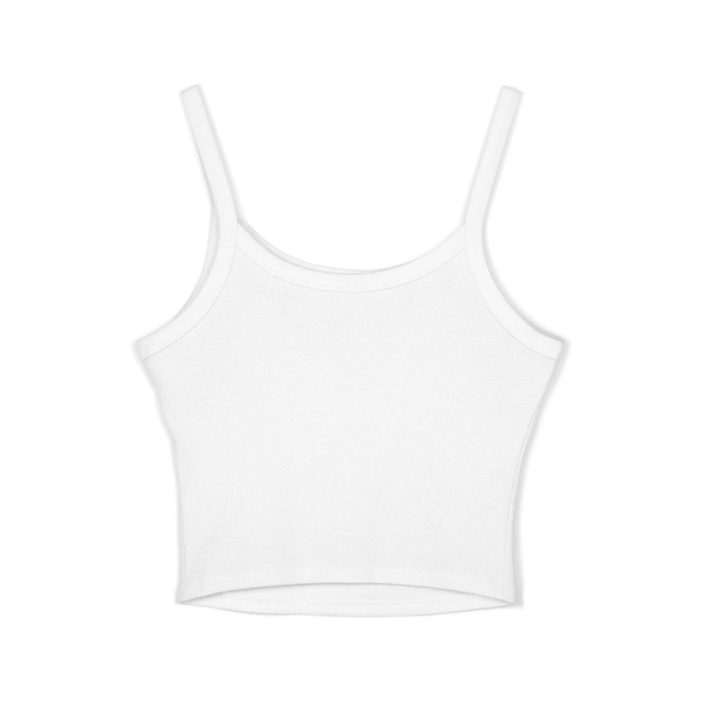 Delux Script Crop Tank Top — Women's White Spaghetti Strap Graphic