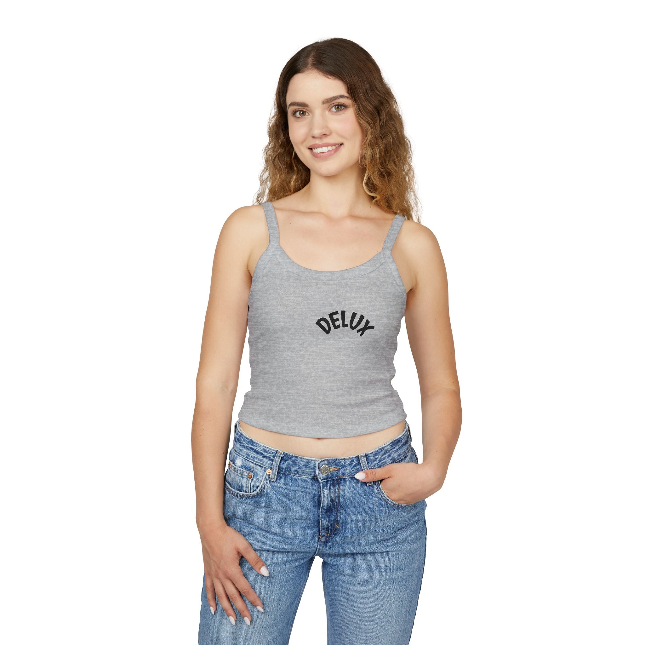 Delux Script Crop Tank Top — Women's White Spaghetti Strap Graphic