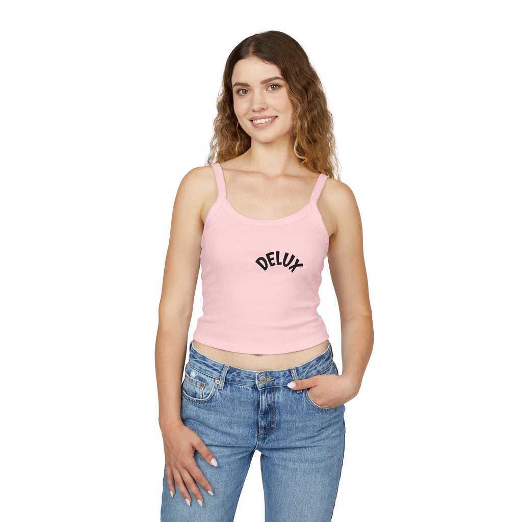 Delux Script Crop Tank Top — Women's White Spaghetti Strap Graphic
