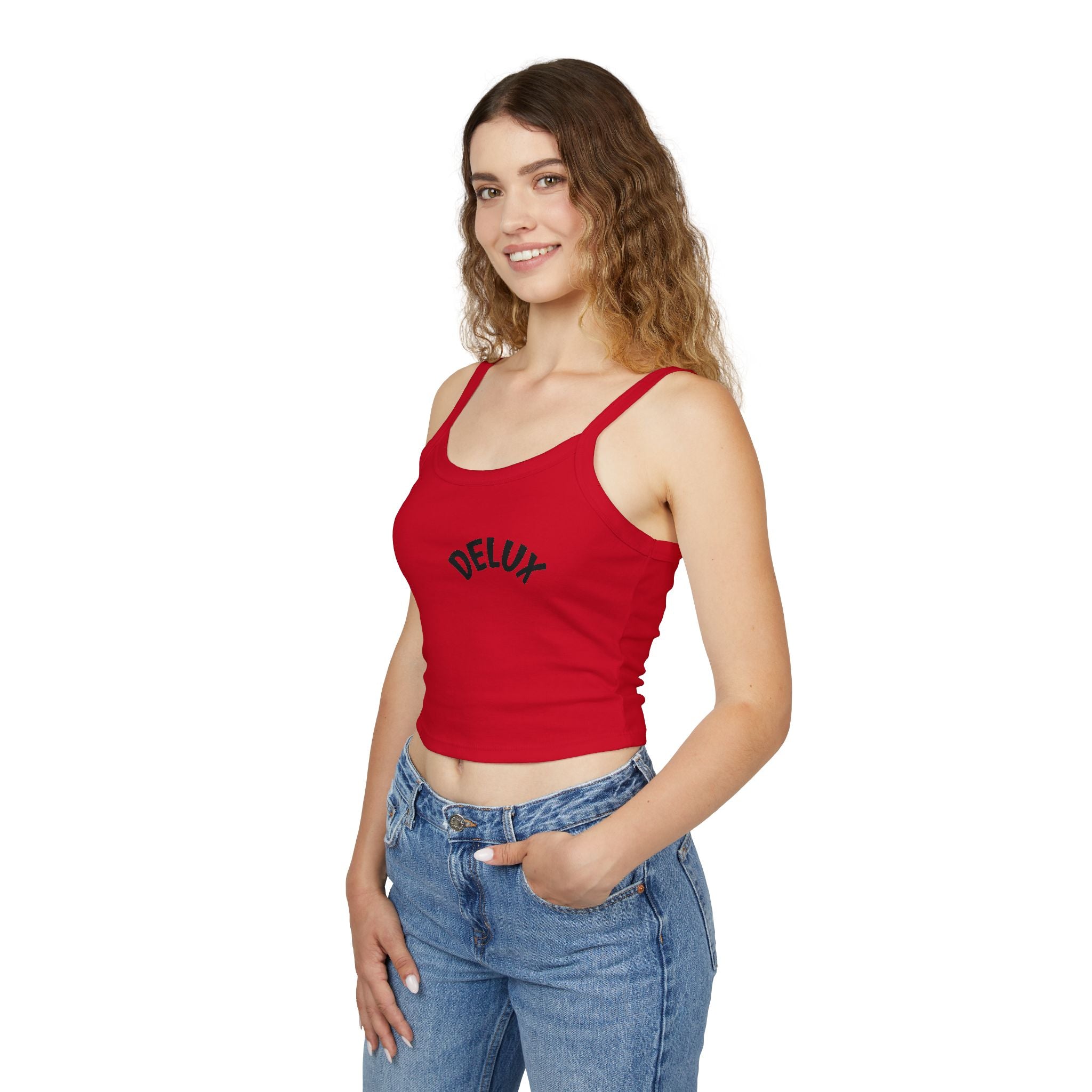 Delux Script Crop Tank Top — Women's White Spaghetti Strap Graphic