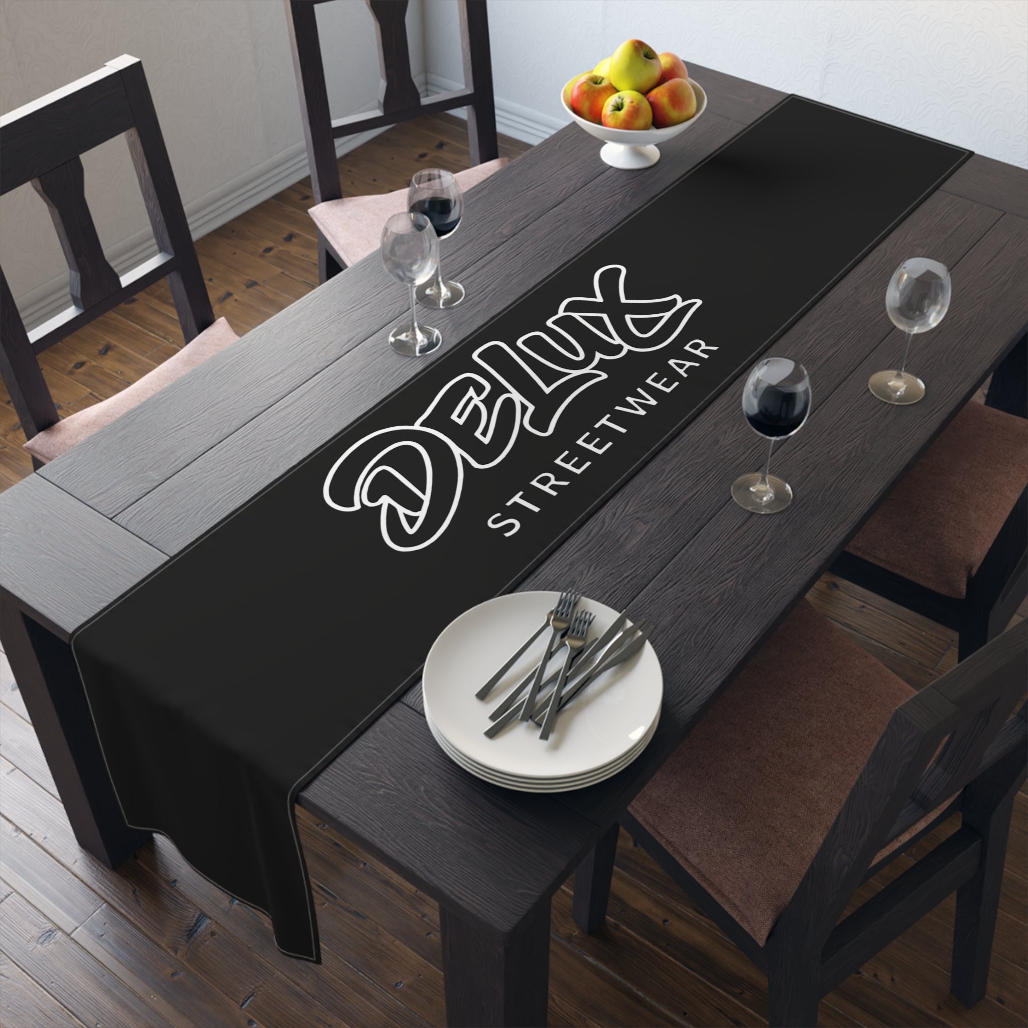 Delux Streetwear Black Logo Table Runner — Modern Minimalist Dining Decor