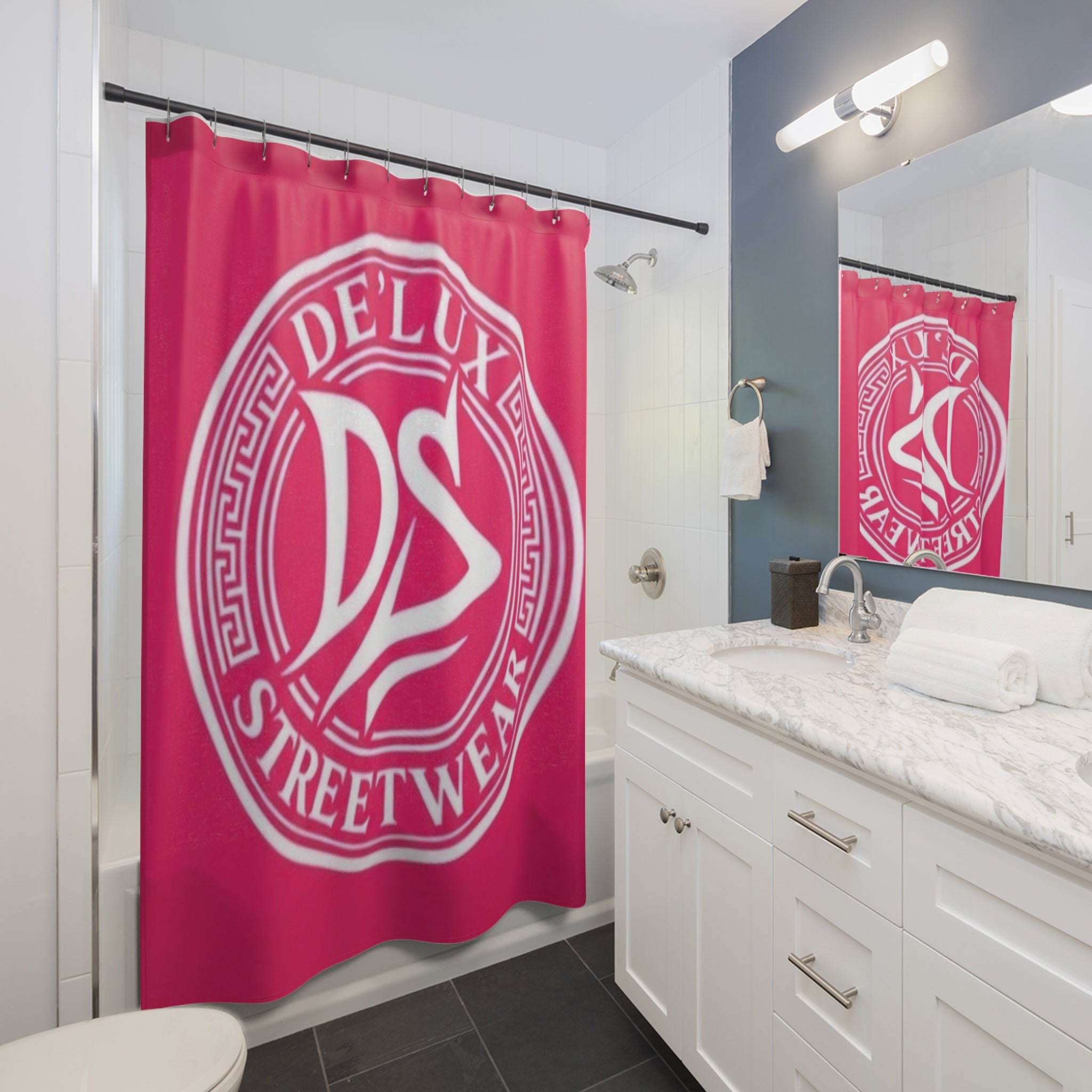 De'Lux Streetwear DS Logo Pink Shower Curtain – Bold Urban Bathroom Decor