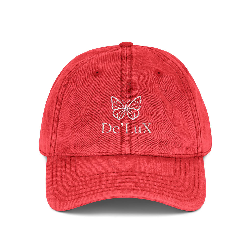 Embroidered Butterfly Vintage Cap — Red Distressed Dad Hat with "DeLuX" Text