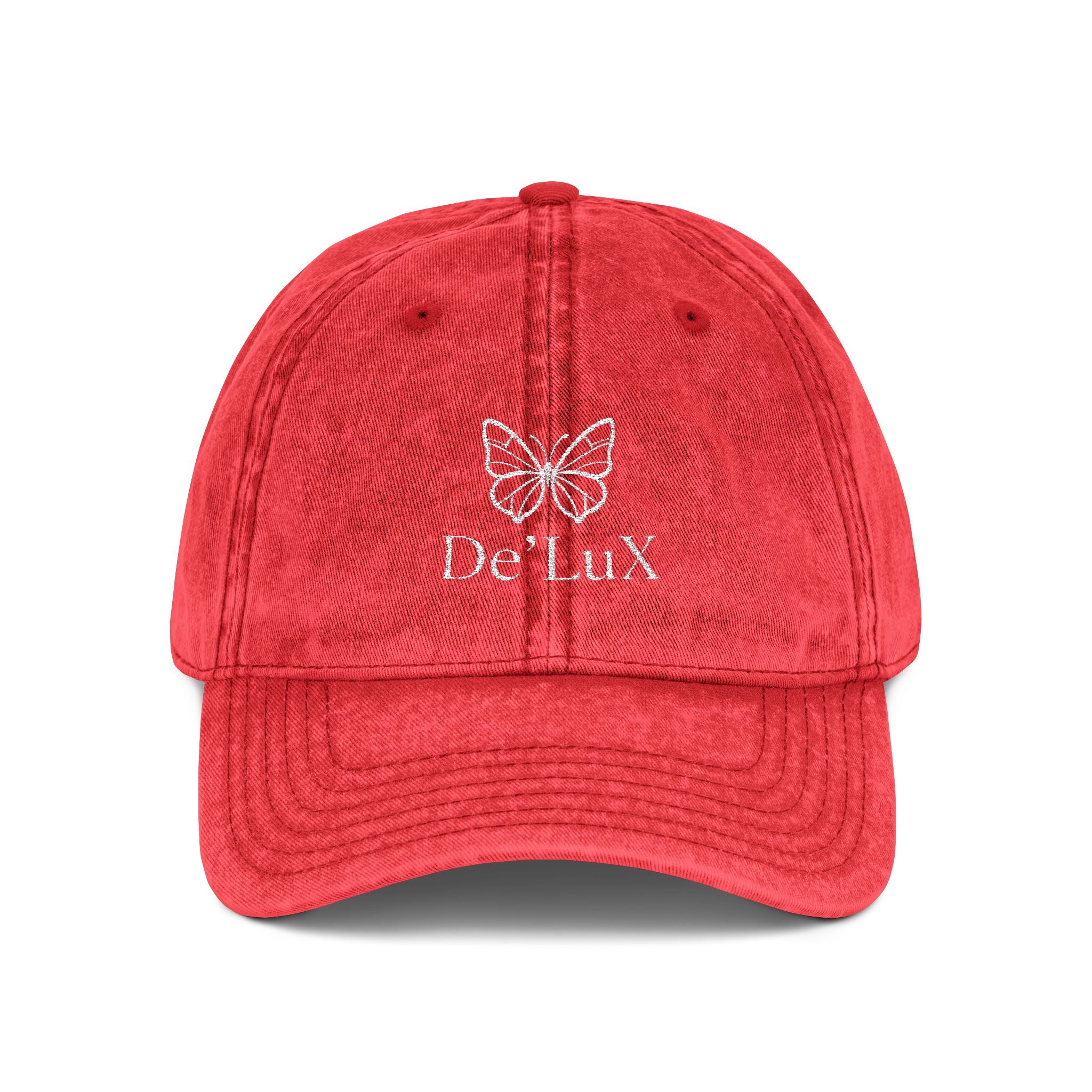 Embroidered Butterfly Vintage Cap — Red Distressed Dad Hat with "DeLuX" Text