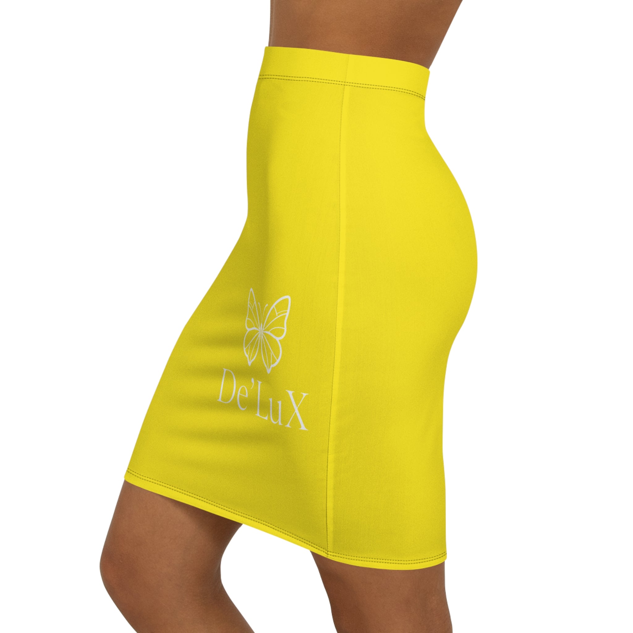 Yellow Butterfly Pencil Skirt — Women's Mid-Waist Floral Graphic Skirt