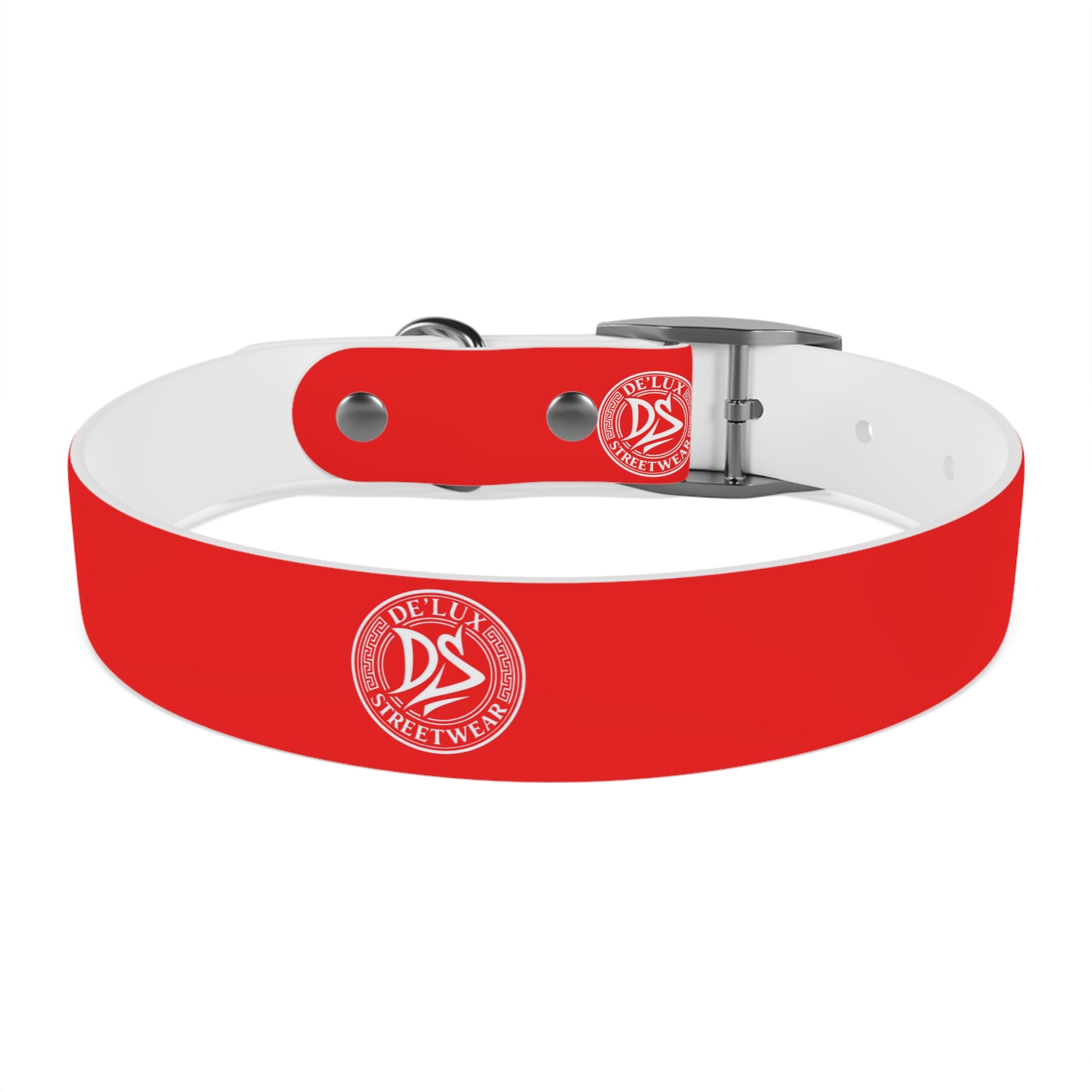 Red Logo Dog Collar — Durable Adjustable Pet Collar with White DS Emblem