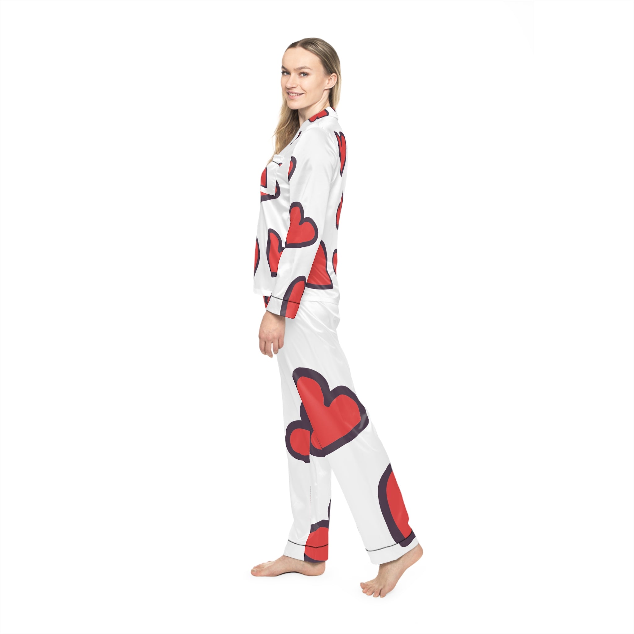 Heart Print Satin Pajamas — Women's Valentine Loungewear Set