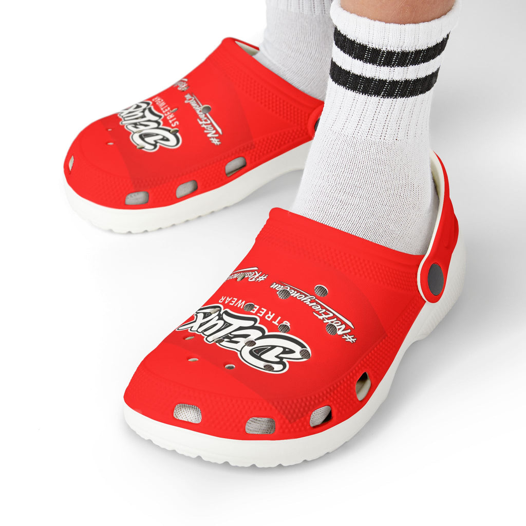 Kids Red Streetwear EVA Foam Clogs — 'Delux' Graphic Slip-On Sandals