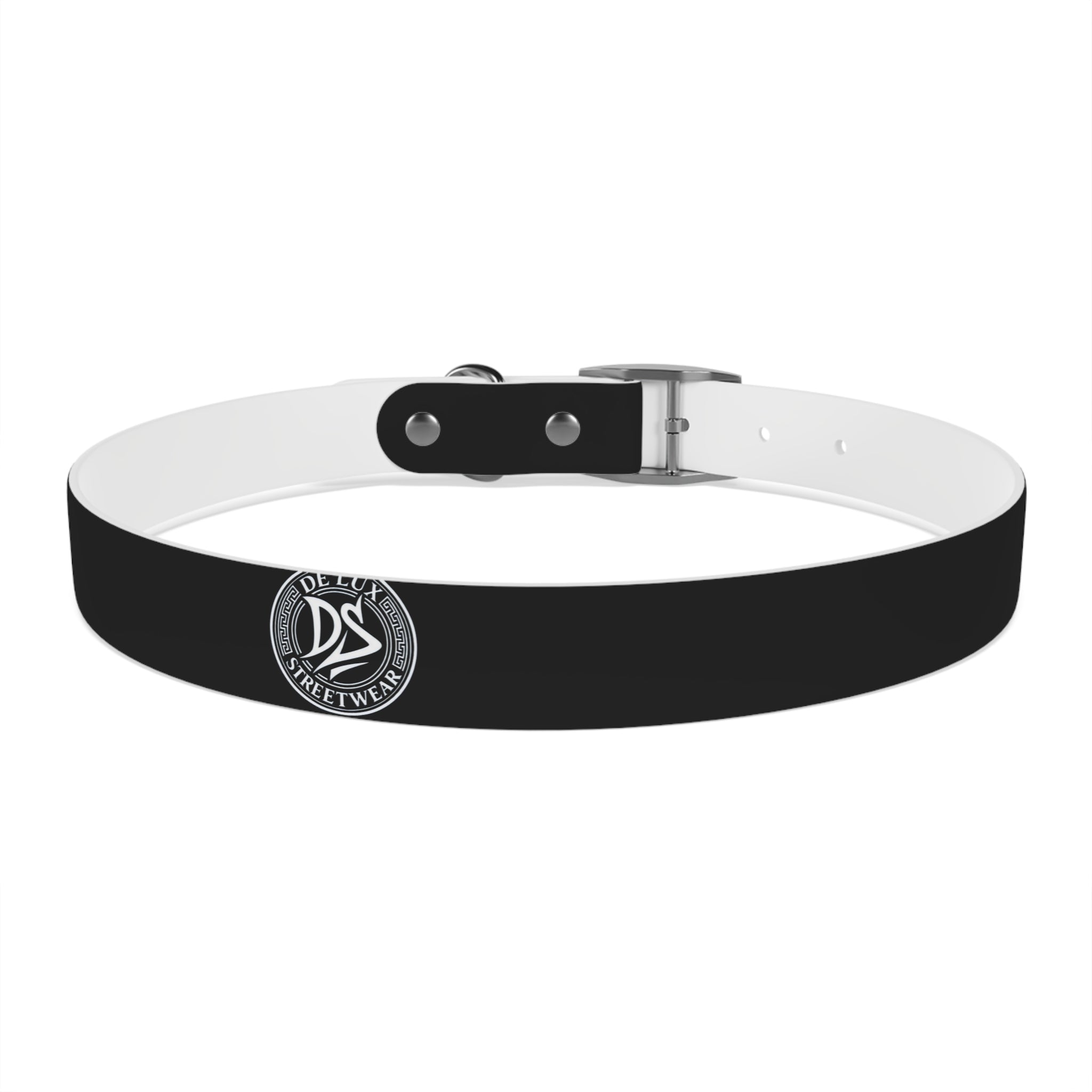 Black Logo Dog Collar — Durable Faux Leather Collar with Round Emblem