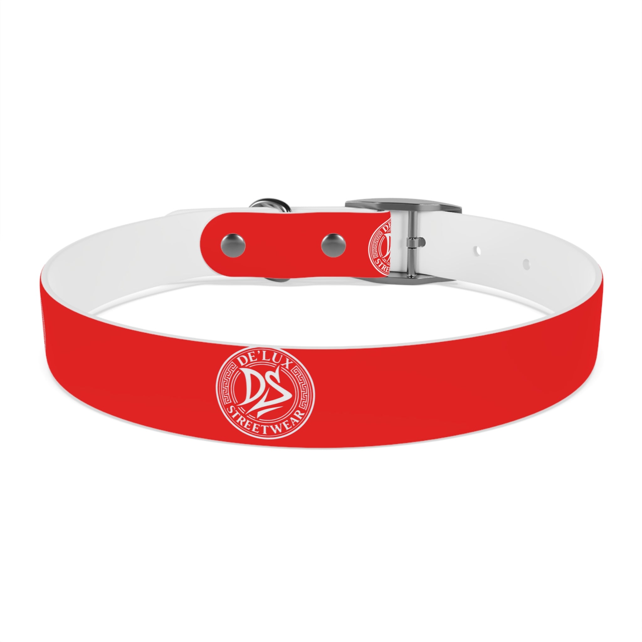 Red Logo Dog Collar — Durable Adjustable Pet Collar with White DS Emblem