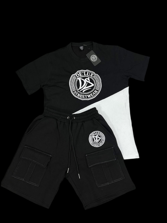 DE’LUX Streetwear Set: Black/White Logo Tee and Cargo Shorts for Modern Streetwear Look
