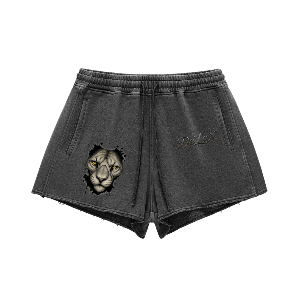 Panther Snow Washed Raw Edge Drawstring Shorts