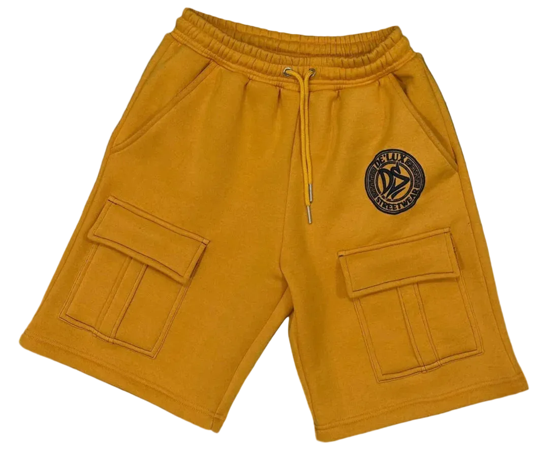 De’LuX StreetWear yellow cargo shorts with logo patch, drawstring waist, and flap pockets