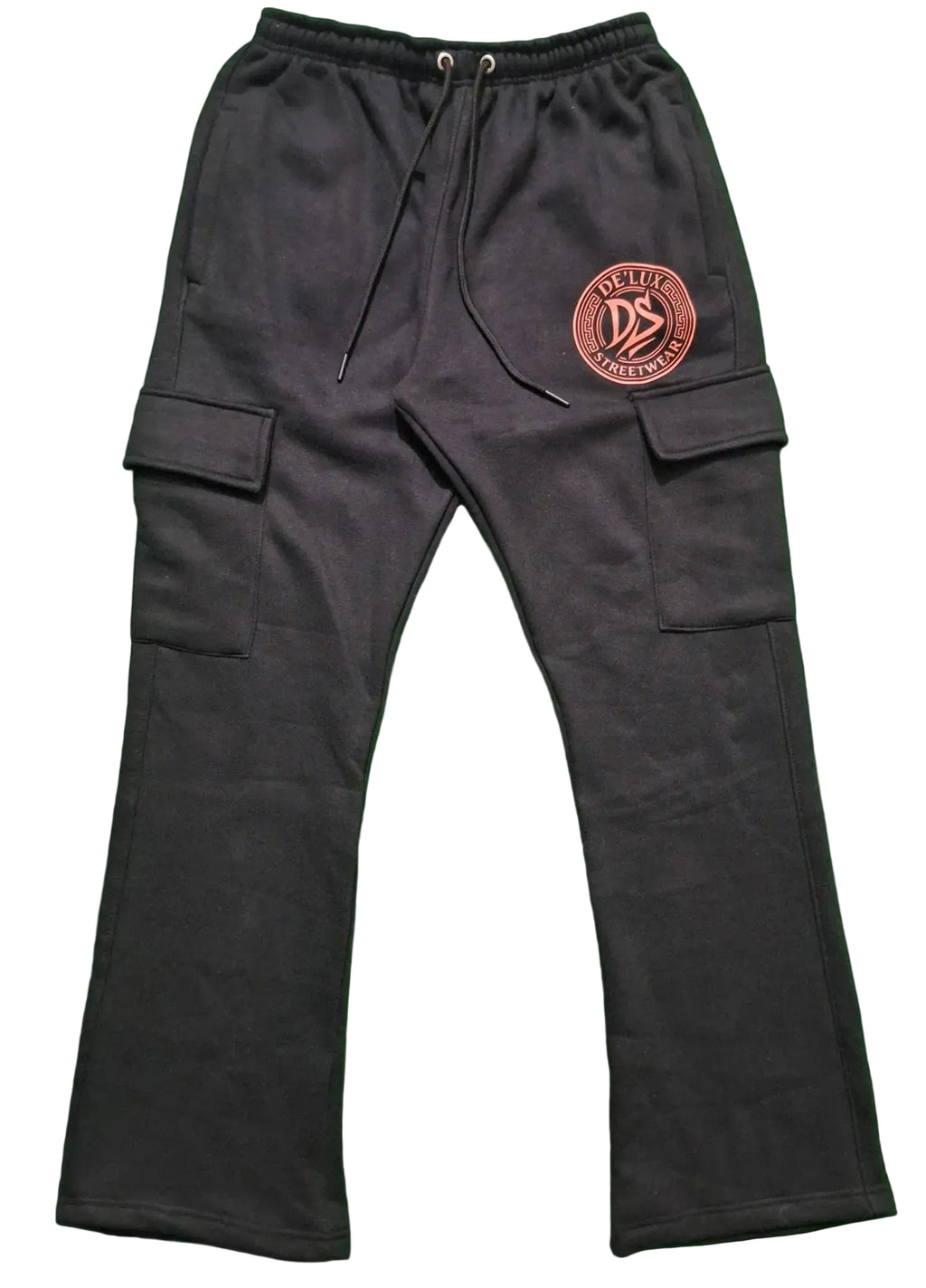 Black De’LuX StreetWear cargo joggers with logo patch and drawstring waist