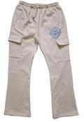 De’LuX StreetWear cream cargo sweatpants with blue logo and side flap pockets