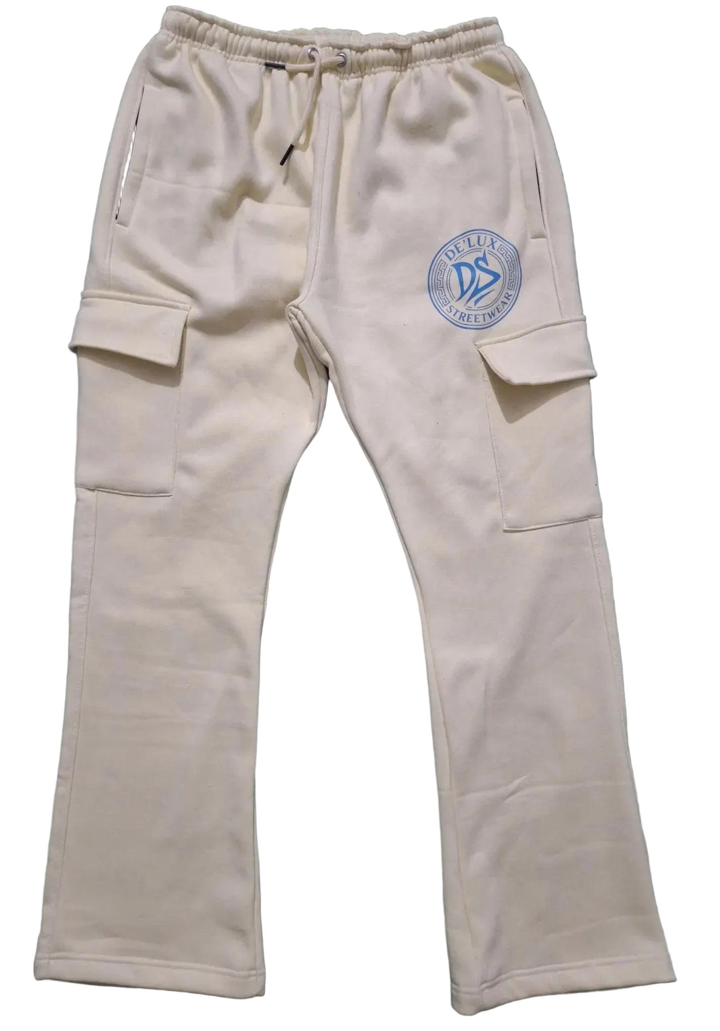 De’LuX StreetWear cream cargo sweatpants with blue logo and side flap pockets