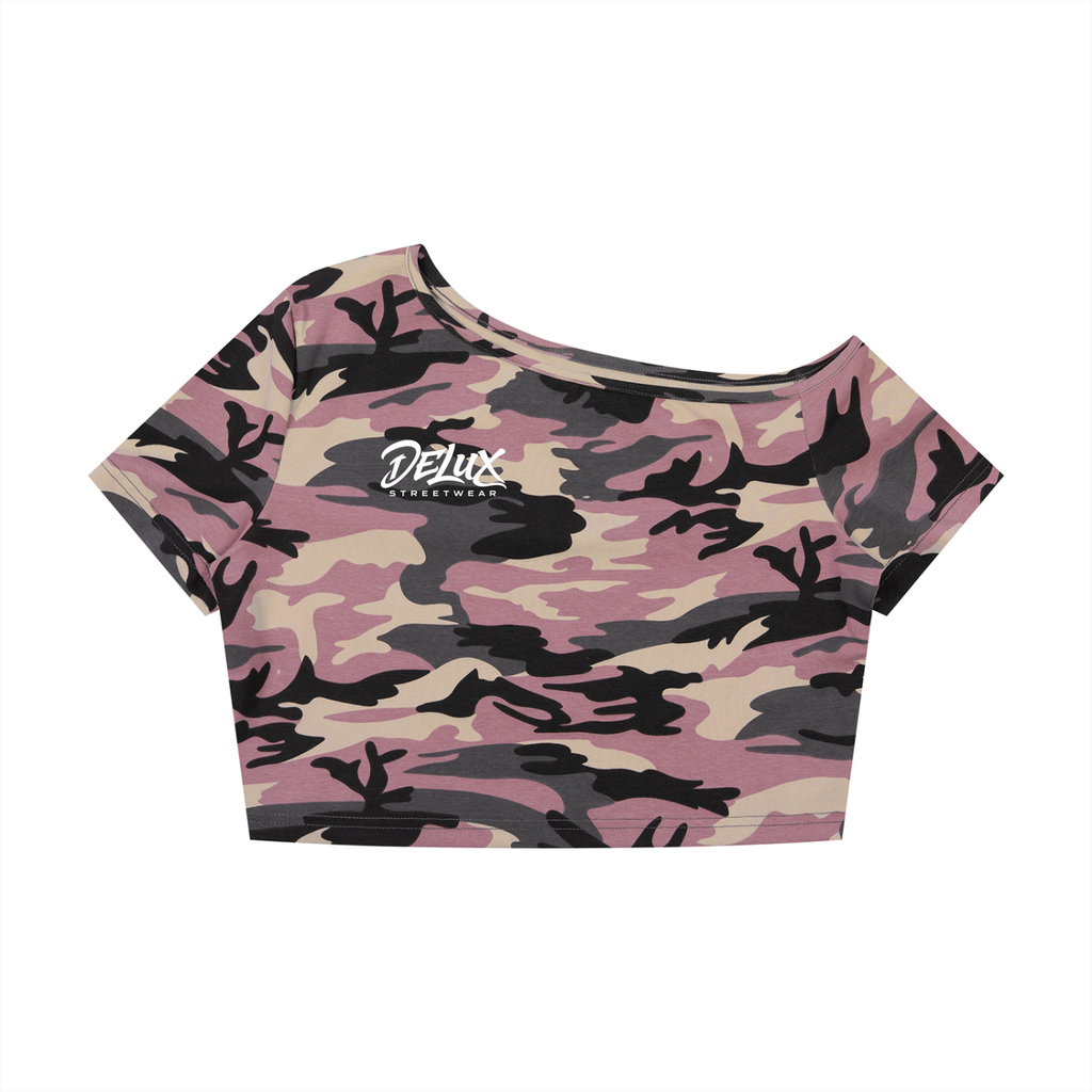 DeLuX  Women's Camo Off-Shoulder Crop T-Shirt