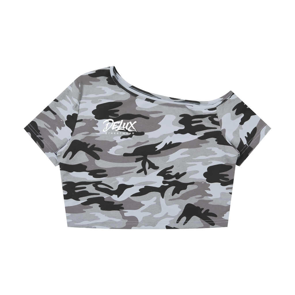DeLuX  Women's Camo Off-Shoulder Crop T-Shirt