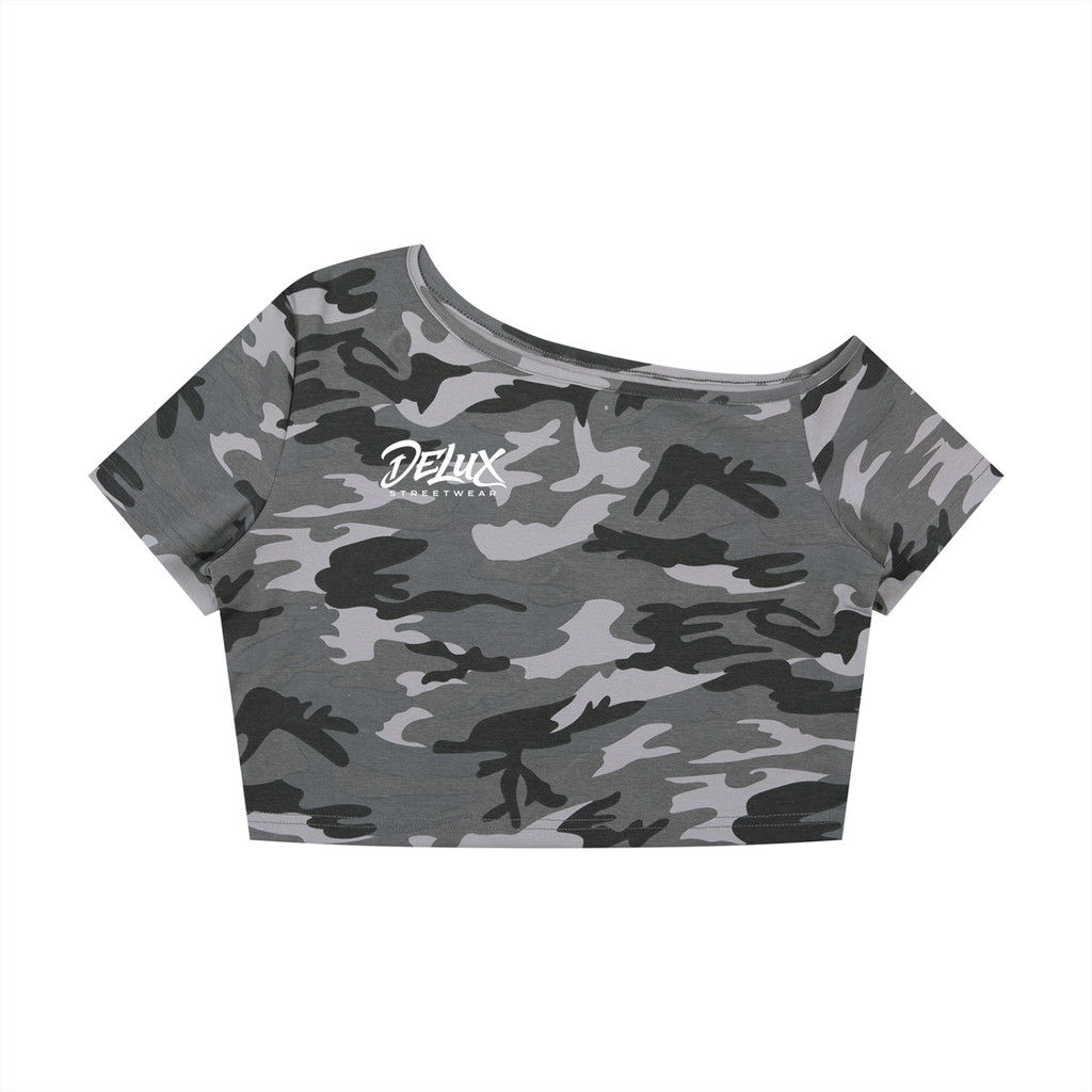 DeLuX  Women's Camo Off-Shoulder Crop T-Shirt