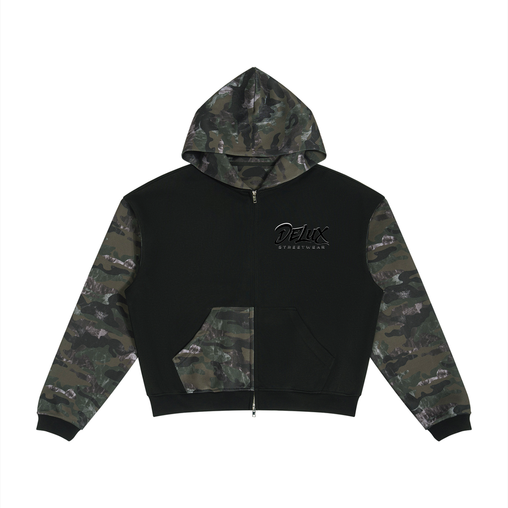 DeLuX Colorblock Camo Full Zip Boxy Hoodie