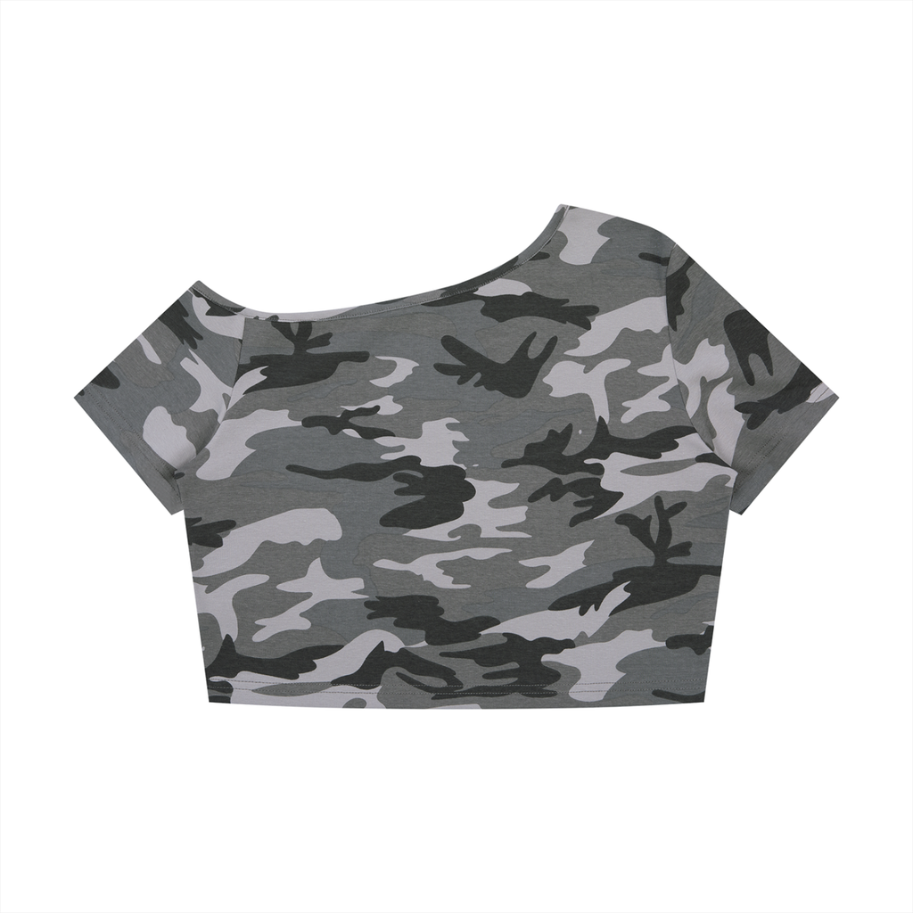 DeLuX  Women's Camo Off-Shoulder Crop T-Shirt